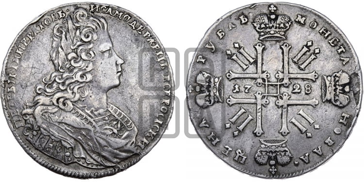 Рубль 1728 года (голова разделяет надпись, без лент и банта в венке)