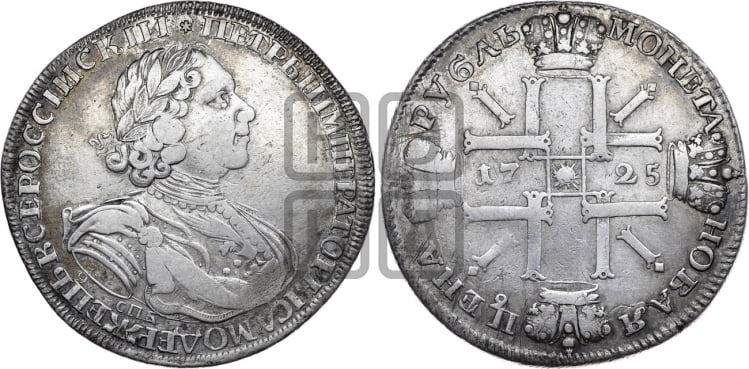 Рубль 1725 года (“Солнечник”, портрет в латах, СПБ под портретом, над головой звезда)