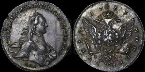 Рубль 1763 года ММД/EI (с шарфом на шее)