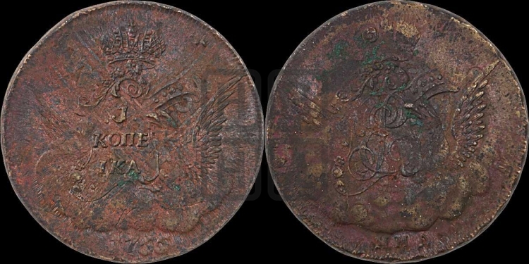 Копейка 1755 года (с орлом в облаках, гурт сетчатый, гурт гладкий)
