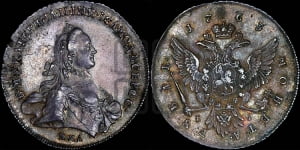 Рубль 1763 года ММД/EI (с шарфом на шее)