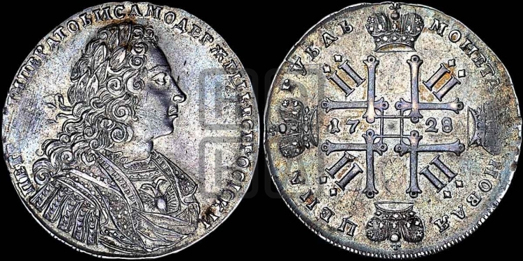 Рубль 1728 года (голова внутри надписи, со звездой на плаще)