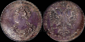 Рубль 1725 года СПБ (Портрет влево, Петербургский тип, СПБ в начале круговой надписи лицевой стороны)
