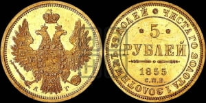 5 рублей 1855 года СПБ/АГ (орел 1851 года СПБ/АГ, корона маленькая, перья растрепаны)