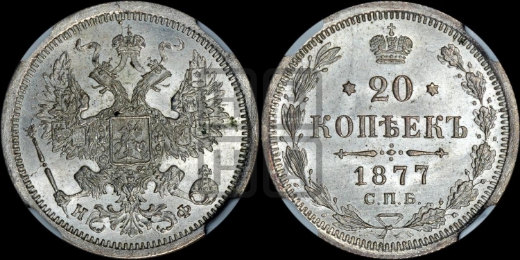 20 копеек 1877 года (орел 1874 года, центральное перо хвоста иного рисунка)