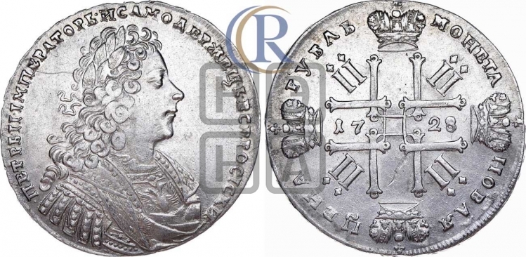 Рубль 1728 года (голова внутри надписи, со звездой на плаще)