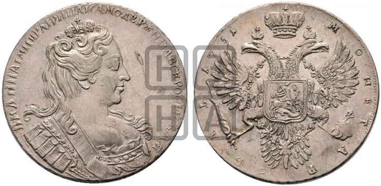 Рубль 1731 года (без броши на груди, без локона за ухом) - Биткин #37 (R1)