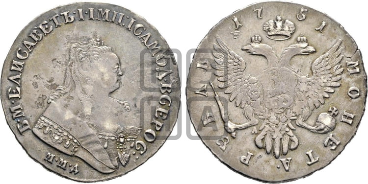 Рубль 1751 года ММД / А (ММД под портретом, шея короче, орденская лента шире) - Биткин #124