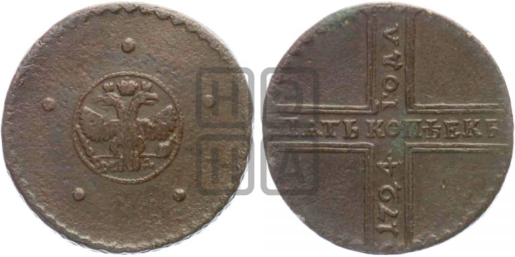 5 копеек 1724 года МД (”Крестовик”, со знаком монетного двора МД) - Биткин #3716