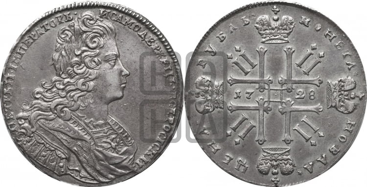 Рубль 1728 года (голова разделяет надпись, без лент и банта в венке) - Биткин #48 (R1)