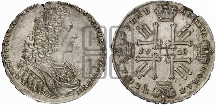 Рубль 1728 года (голова внутри надписи, со звездой на плаще) - Биткин #64