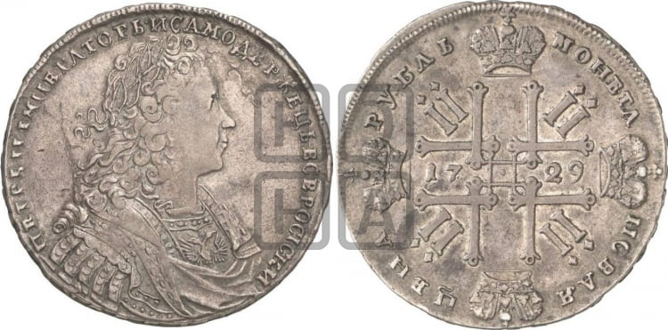 Рубль 1729 года (голова внутри надписи, без звезды на груди, в венке ленты) - Биткин #99 (R2)