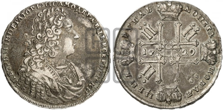 Рубль 1729 года (голова внутри надписи, со звездой на груди, в венке ленты) - Биткин #104