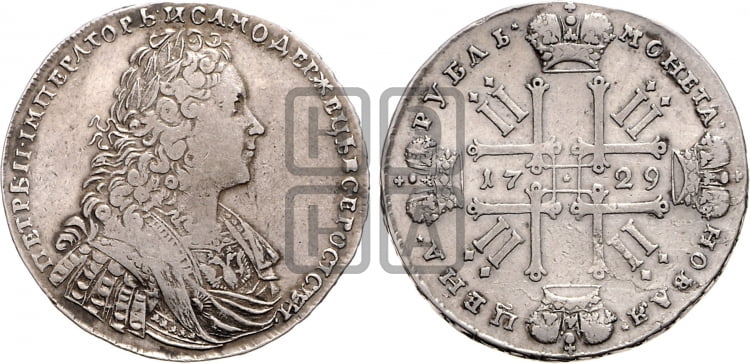 Рубль 1729 года (голова внутри надписи, со звездой на груди, в венке ленты) - Биткин #107