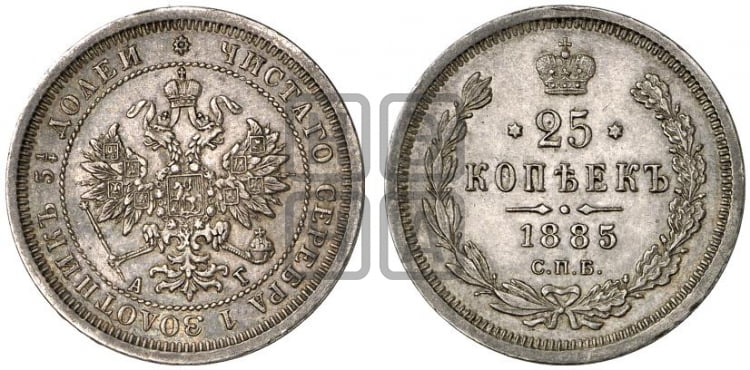 25 копеек 1885 года СПБ/АГ (орел образца 1859 года СПБ/АГ) - Биткин #59 (R1)